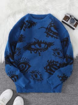 New Popular Autumn and Winter Abstract Eye Jacquard Pattern Pullover Sweater Casual Round Neck Knitted Men's Pullover