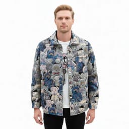 Men Teddy Bear 3/4 Sleeve Jacket Fashion Animal Pattern Coat Jacquard Woven Top Outerwear