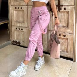 New Women's Vintage Pants Multi-Pocket Pink Suspenders High-Waisted Casual Fashion Solid Color Ladies Corset Long Trousers