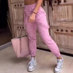 New Women's Vintage Pants Multi-Pocket Pink Suspenders High-Waisted Casual Fashion Solid Color Ladies Corset Long Trousers