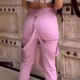 New Women's Vintage Pants Multi-Pocket Pink Suspenders High-Waisted Casual Fashion Solid Color Ladies Corset Long Trousers