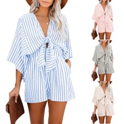 Summer waist slimming striped jumpsuit for women, European and American foreign trade deep V flared sleeve three quarter pants