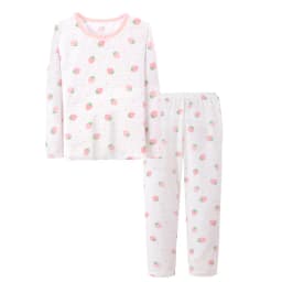 2Pcs Girls Home Underwear Set Cute Strawberry Print Round Neck Long Sleeve Trousers Comfy 100% Cotton Pajamas Set