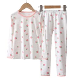 2Pcs Girls Home Underwear Set Cute Strawberry Print Round Neck Long Sleeve Trousers Comfy 100% Cotton Pajamas Set