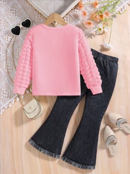 Two-piece Spring/Fall Girls Fashion Casual Suit Pink crew neck cartoon girl Print puffy sleeve top + black stretch slim pants