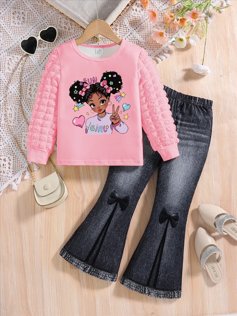 Two-piece Spring/Fall Girls Fashion Casual Suit Pink crew neck cartoon girl Print puffy sleeve top + black stretch slim pants