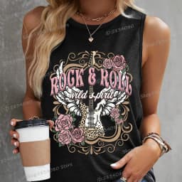 Rock Roll Wild T-shirts Vintage Style Rose Guitar Shirt New Summer Fashion O-Neck Tshirt Music Lover women Sleeveless Tanks Tops