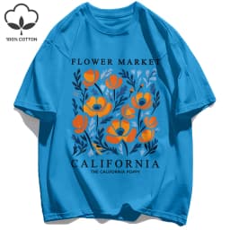 Yellow Flowers Market California Print T-Shirt Woman Soft Cotton Tee Top O-Neck Casual T Shirt Crewneck Sports Short Sleeve