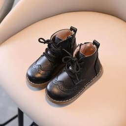 Children Boots British Style Fretwork Pu Leather Brown Black Boys Girls Short Boot 21-30 Toddler Zipper Solid Color Kids Shoes