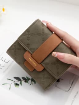 Purse for Female Korean PU Plaid Buckle Simple Multi-Card Folding Triple Fold Bag Large Capacity Student Ladies Daily Travel