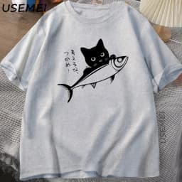 Black Cat T-Shirt Funny Japanese Fish Tshirt Kawaii Cat Lover T Shirt Women Men Graphic T Shirts Summer Cotton Tops Clothing