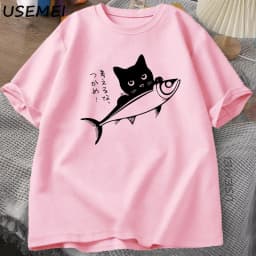 Black Cat T-Shirt Funny Japanese Fish Tshirt Kawaii Cat Lover T Shirt Women Men Graphic T Shirts Summer Cotton Tops Clothing
