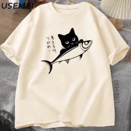 Black Cat T-Shirt Funny Japanese Fish Tshirt Kawaii Cat Lover T Shirt Women Men Graphic T Shirts Summer Cotton Tops Clothing