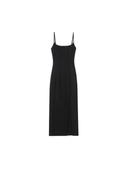Women Fashion Front Vent Soft Strappy Midi Dress Straight Neck Thin Straps Female Dresses Vestidos Mujer
