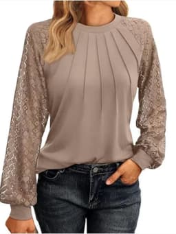 Elegant Lace Pleated Solid Color Shirts Women's Round Neck Lantern Long Sleeved Blouse Autumn Daily Casual Top