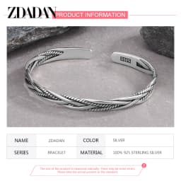 ZDADAN 925 Sterling Silver Vintage Twists Open Cuff Bracelet&Bangles For Women Fashion Jewelry