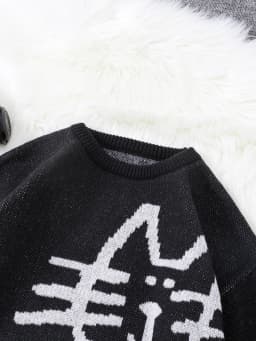 Autumn and Winter Abstract Kitten Jacquard Pattern Pullover Sweater Casual Round Neck Knitted Men's Pullover
