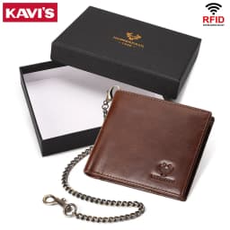 KAVIS 100% Genuine Leather Short Purse Business RFID Protect Credit Card Holder Clutch For Men With Anti-theft Chain Wallet