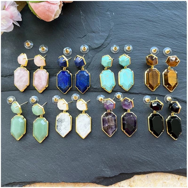 18X45mm Women Stud Earring Geometric Gems Jewelry Double Side Faceted HexagSword Tip on Natural Stone Labradorite Earring