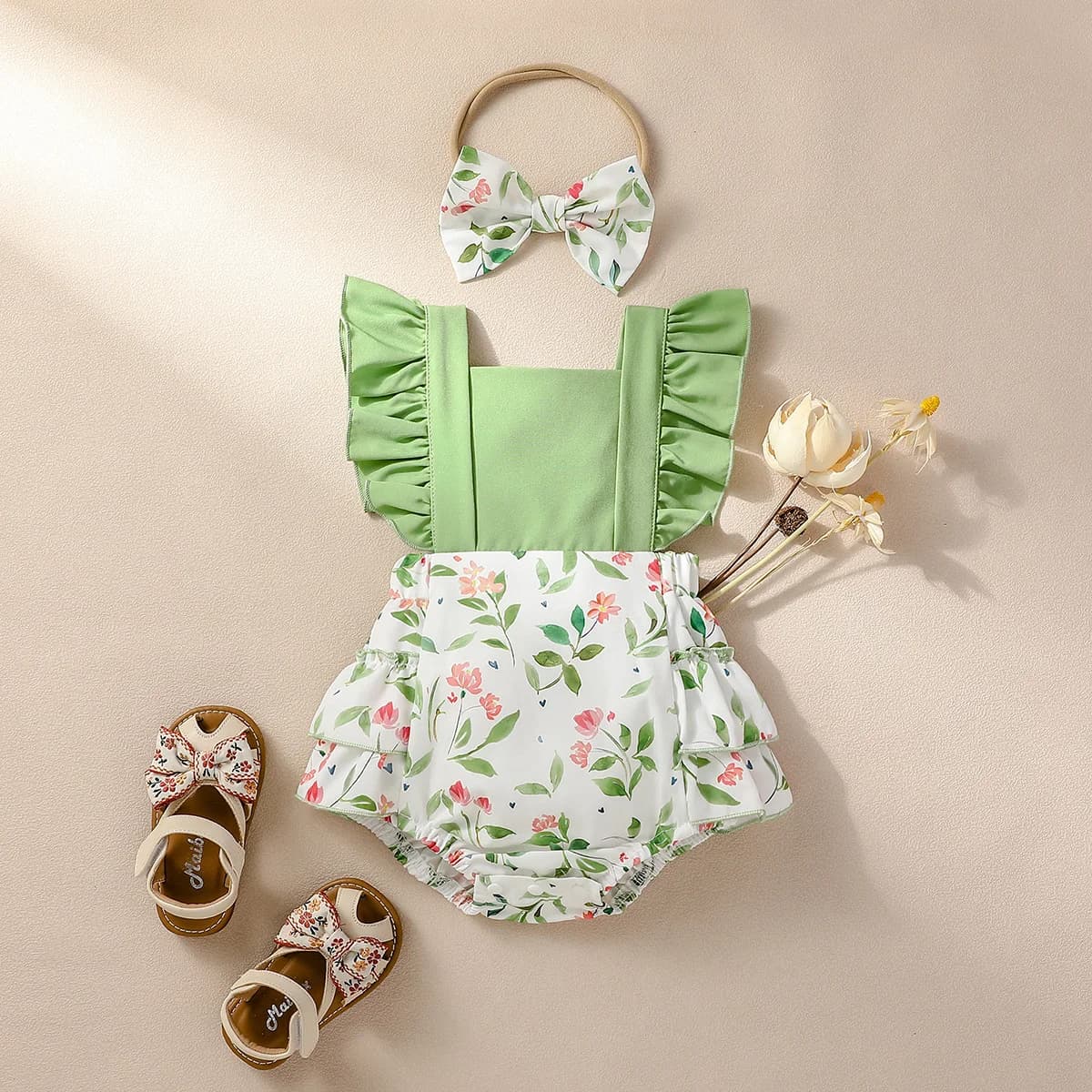 2PCS Baby Girls Sleeveless Print Flower Rompers for 0-1Y Baby Newborn Items Casual Jumpsuit + Headband