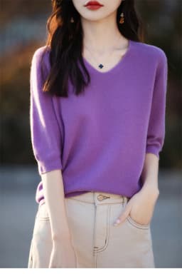 Basics Summer Women Knitwear Merino Wool V-Neck T Shirt Half Sleeve Clothing Tops Solid Pullover Casual Female Tees Outerwear