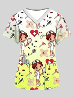Women's Cartoon Full Body Print V Neck Nurse Surgical Gown Top with Pockets Comfortable Polyester Short Sleeve Work Clothes