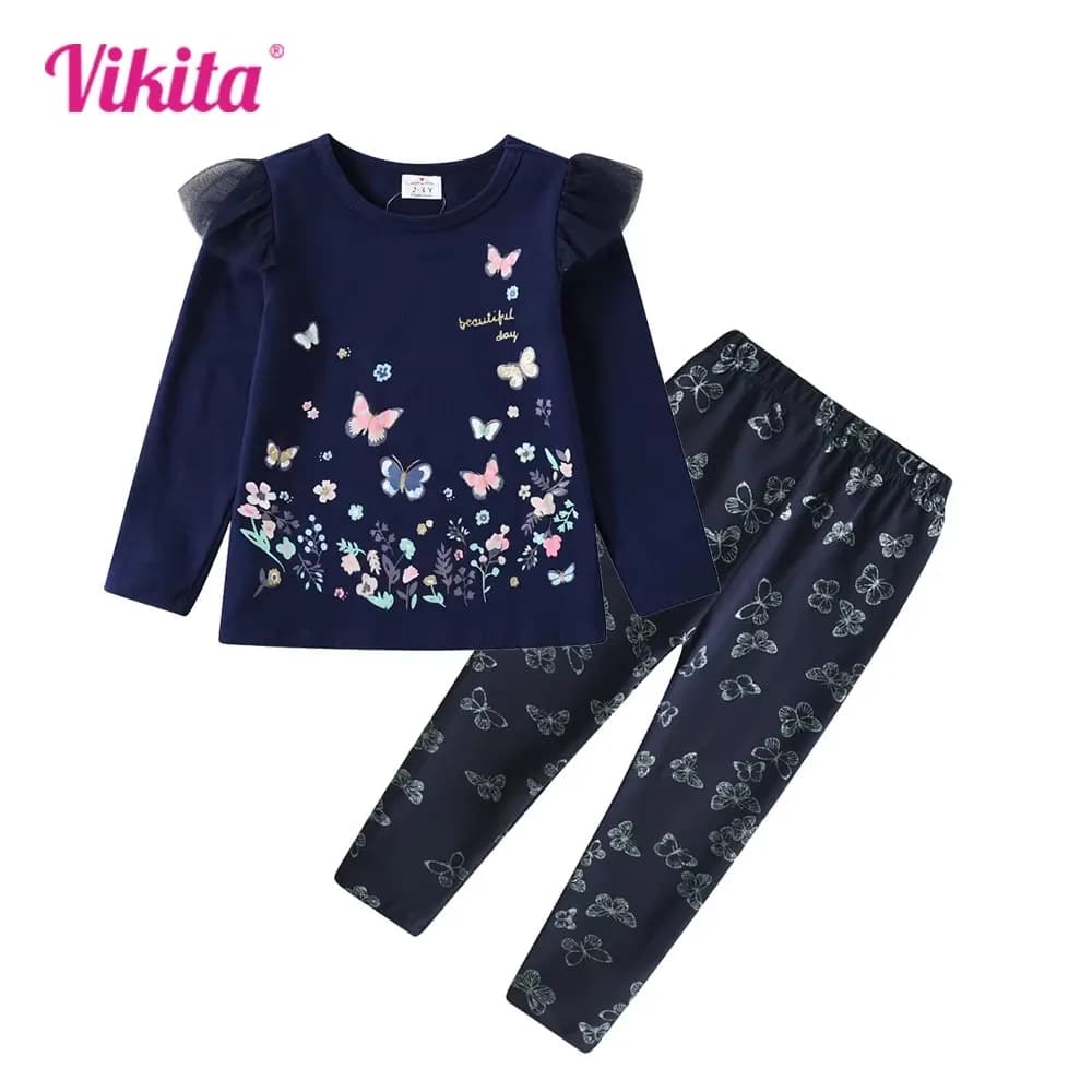 VIKITA Girls Autumn Spring Clothing Sets Kids Butterfly Print Long Sleeve Cotton Casual T Shirt and Trousers Suit 2 Pcs Clothes