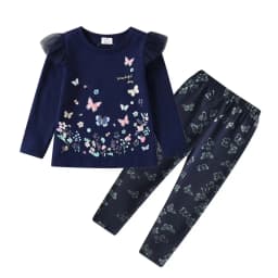 VIKITA Girls Autumn Spring Clothing Sets Kids Butterfly Print Long Sleeve Cotton Casual T Shirt and Trousers Suit 2 Pcs Clothes