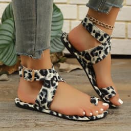 Summer New Leopard Print Flat-bottomed Set of Toe Sandals One-word Buckle Belt Fashionable Outer Wear Large Size Women's Shoes