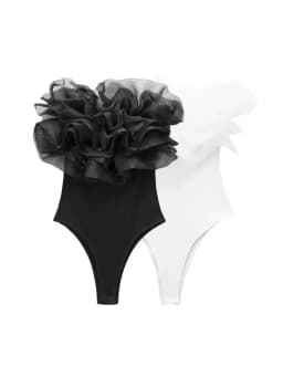 Women Fashion With Organza Ruffle Rib Knit Bodysuits Vintage Straight Neck Exposed Shoulders Female Playsuits Mujer
