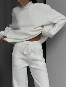 REALEFT Autumn Winter 2 Pieces White Women's Sets Knitted Tracksuit Turtleneck Sweater and Straight Jogging Pant Suits 2023 New