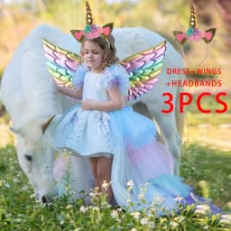 Kids Unicorn Princess Dress For Girls Children Cosplay Costume Trailing Rainbow Birthday Party Dresses Girl Christmas Outfit