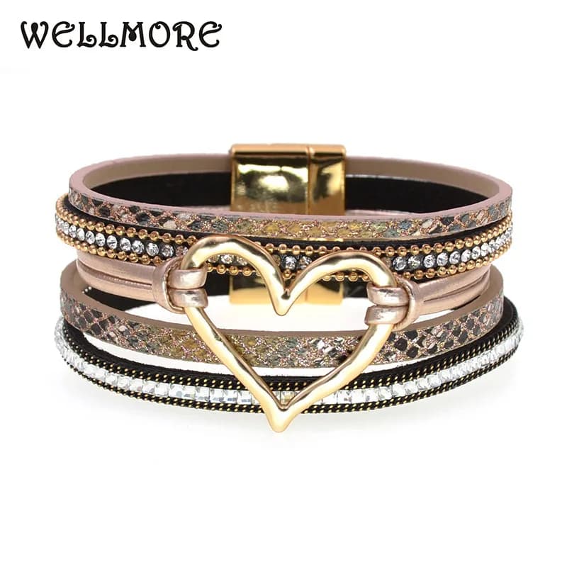 WELLMORE BOHO Leather Bracelet Heart Women Bracelets Magenet Charm Bracelet Fashion Jewelry
