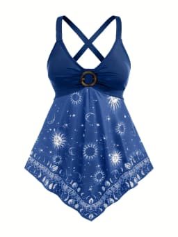 Plus Size Summer Suspender Casual Tank, Women's Oversized Sun & Moon Print Metal Decor V Neck Sexy Slight Stretch Cami Top