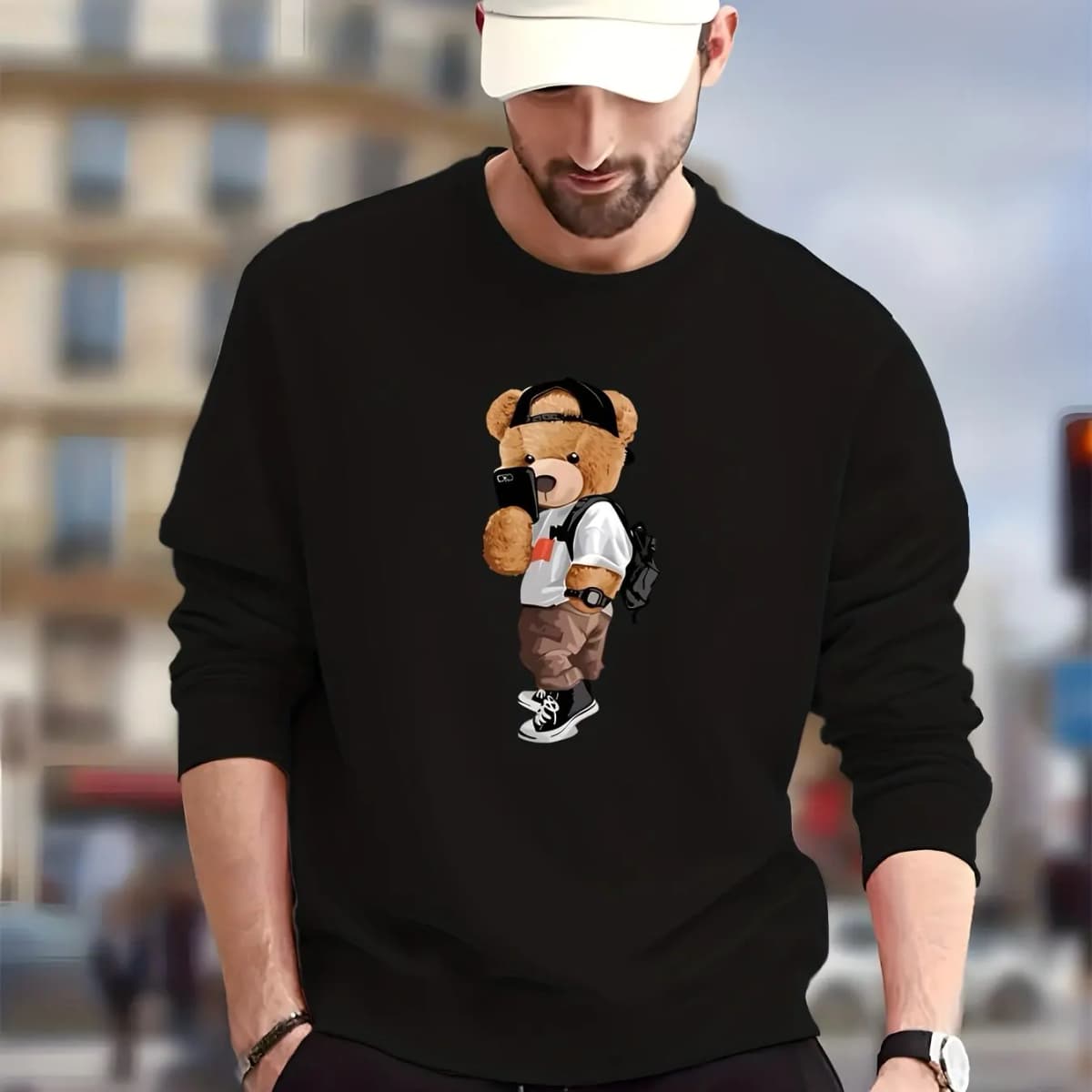 Men's Stylish Teddy Bear Print Sweatshirt - Casual Graphic Design Crew Neck Pullover for Autumn/Winter