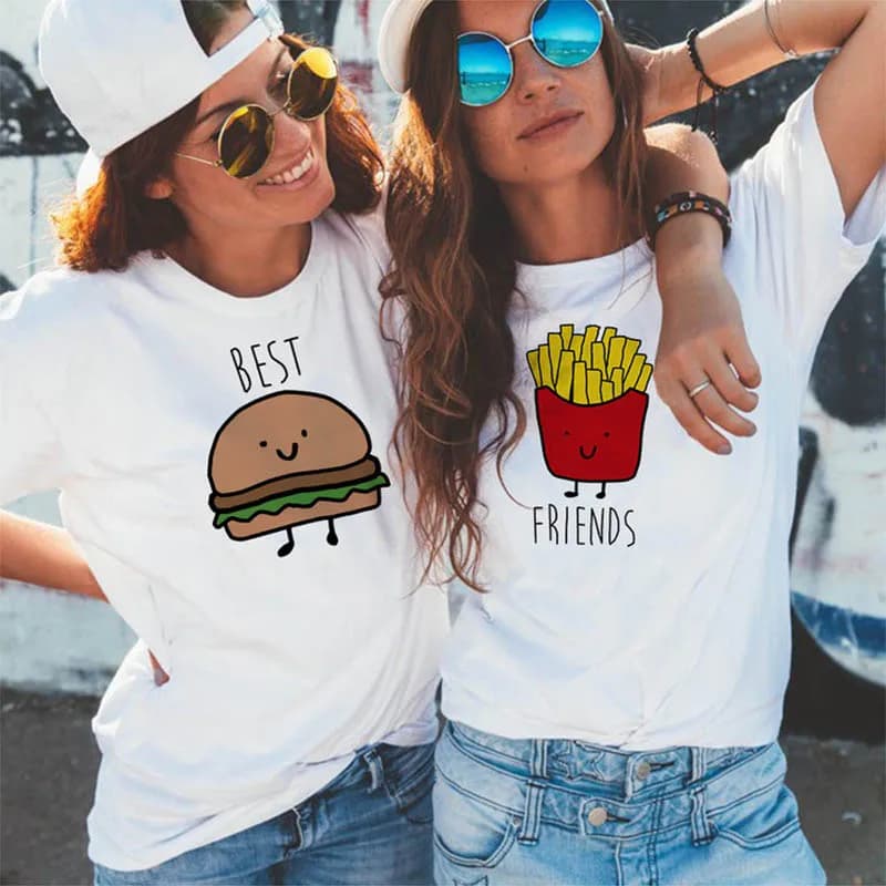 Funny Design Best Friend Matching T-Shirt BFF T Shirt Women Fast Food Tee Shirt for Femme Tops Tees Hamburger and Fries