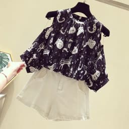 Cat Cartoon Print Chiffon Vintage O-Neck Short Sleeve Loose Women's Blouse Shirt Korean Fashion Female Clothing Tops 2024 Summer