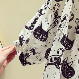 Cat Cartoon Print Chiffon Vintage O-Neck Short Sleeve Loose Women's Blouse Shirt Korean Fashion Female Clothing Tops 2024 Summer