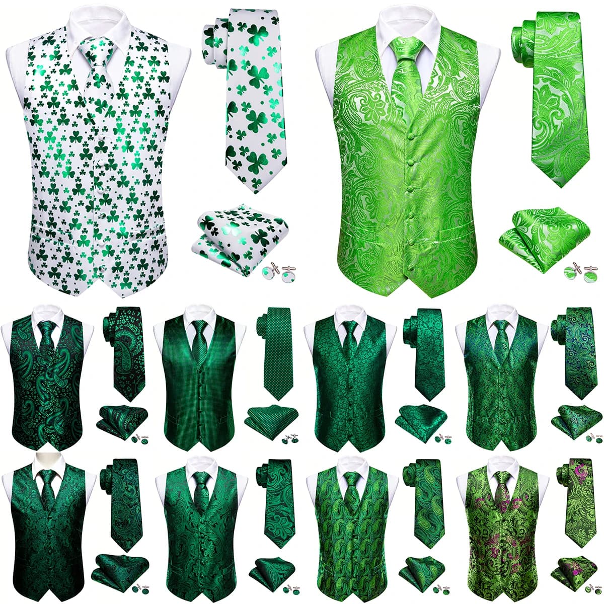 30 Colors Designer Green Vest for Men Clover Paisley Plaid V Neck Waistcoat Tie Set Wedding St.Patrick's Day