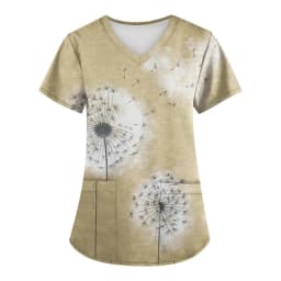 Dandelion Print Medical Uniforms Nursing Short Sleeve Tops V-Neck Patched Pocket Nursing Uniforms Women Working Clothes