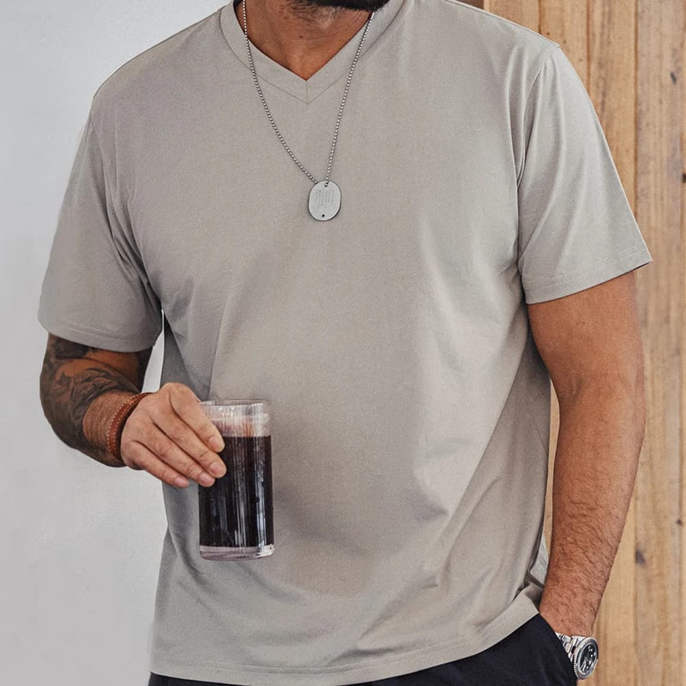 Maden Sorona Quick-drying Sweat-absorbent and Cool Short-sleeved T-shirt V-neck Solid Color Daily Versatile Top for Men's Summer