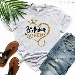 Birthday Gift For Girls Birthday Queen Graphic Print Tshirt Women'S Clothing Gray/Green/Yellow/Pink/Black/White T-Shirt Femme