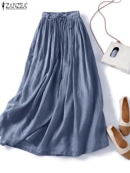ZANZEA Elegant Faldas Flowy A-line Pleated Skirt 2024 Casual Women Elastic Waist Skirts Party Loose High Waist Solid Maxi Skirt