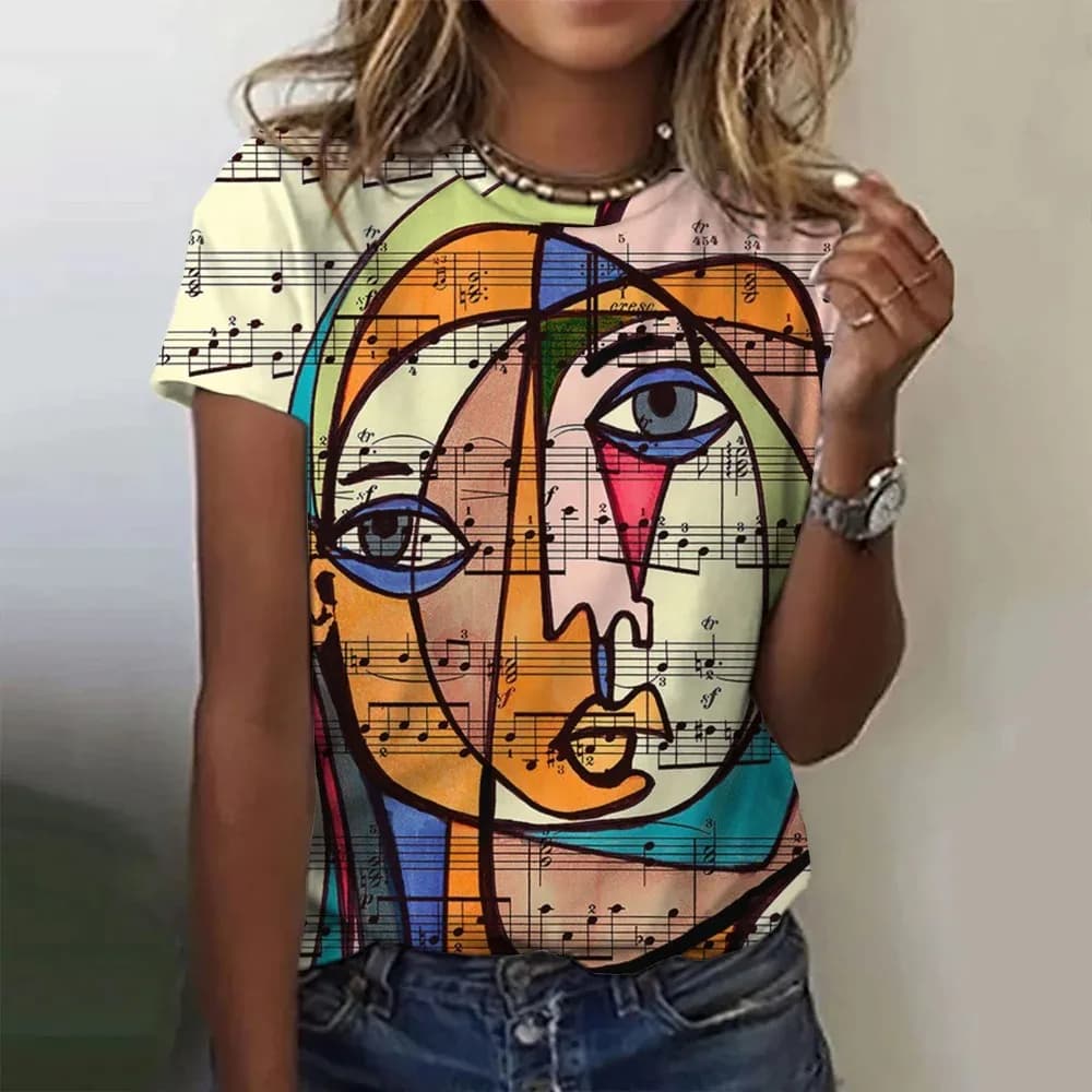 Picasso Abstract 3D Painting Vintage Elegant Women's T-shirts Short Sleeve Fashion Trend Tees Casual Style Lady's Clothing