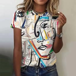 Picasso Abstract 3D Painting Vintage Elegant Women's T-shirts Short Sleeve Fashion Trend Tees Casual Style Lady's Clothing