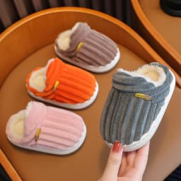 2024 Winter Concise Stripe Plush Slippers Children's Non-slip Soft Indoor Fluffy Mule For Boys Girls Warm Kids Home Cotton Shoes