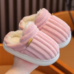 2024 Winter Concise Stripe Plush Slippers Children's Non-slip Soft Indoor Fluffy Mule For Boys Girls Warm Kids Home Cotton Shoes