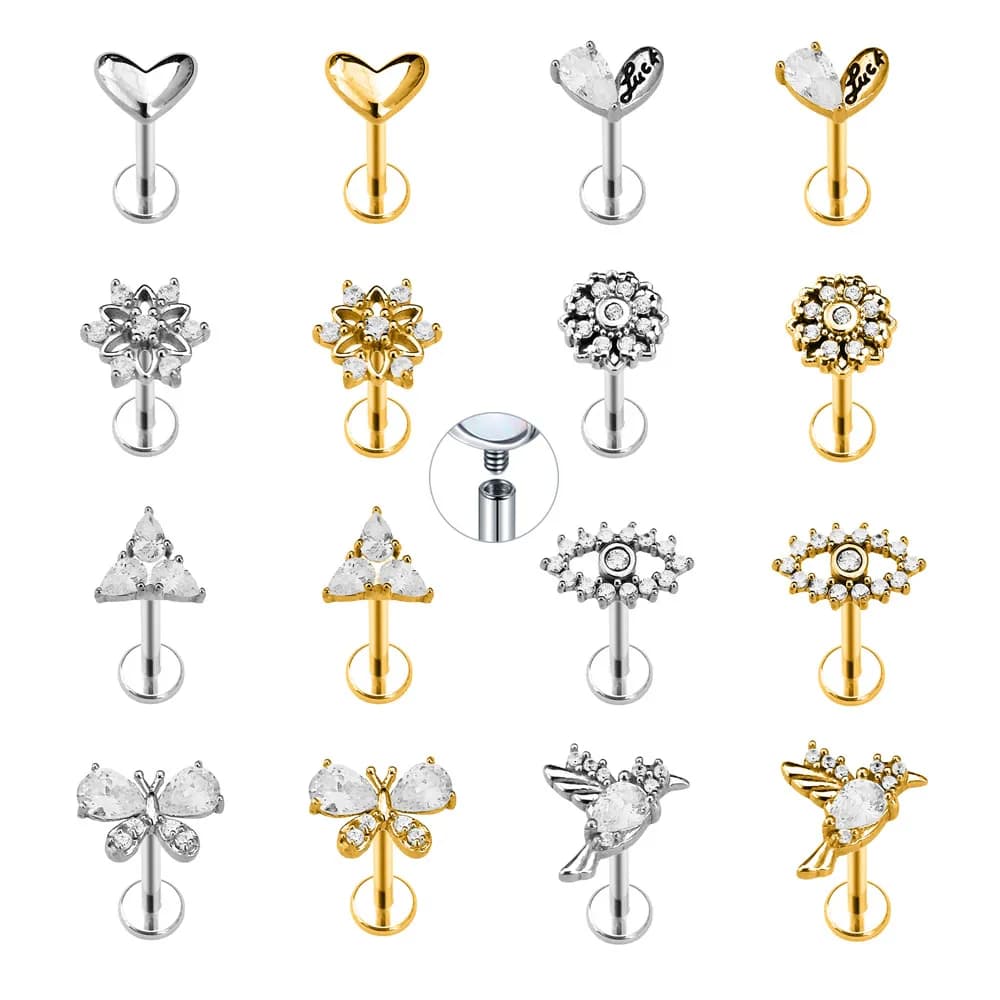 Heart Bird Flower Butterfly Labret Piercing Eye Shape Daith Conch Earring Teardrop CZ Lip Stud 316L Surgical Steel 16G