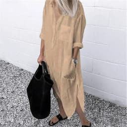 Women Elegant Cotton Linen Solid Color Dresses Summer Comfortable Female Casual Commuter Dress Multi-pocket Split Hem Loose Gown