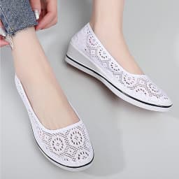 Women's Wedge Heel White Mesh Shoes Comfortable Non-slip Hollow Breathable All-match Work Beauty ShoesWhite Lace Hollow Breathab
